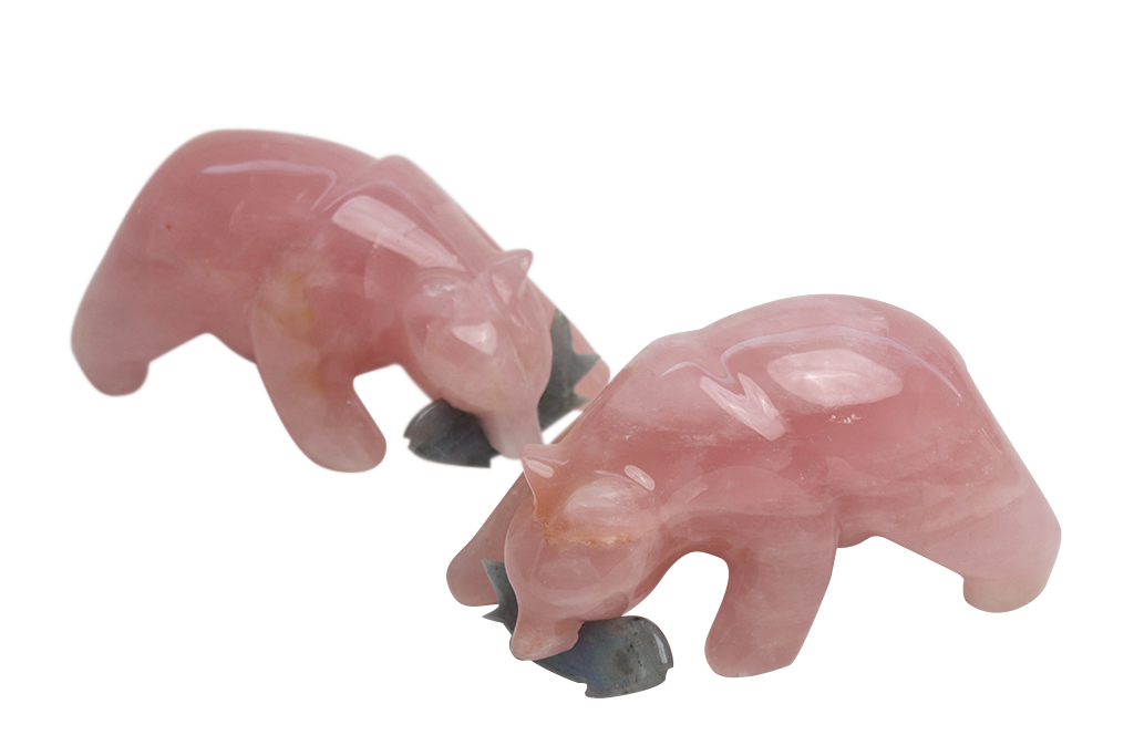 Rose Quartz Bear Eating Fish Carvings - Price per Piece