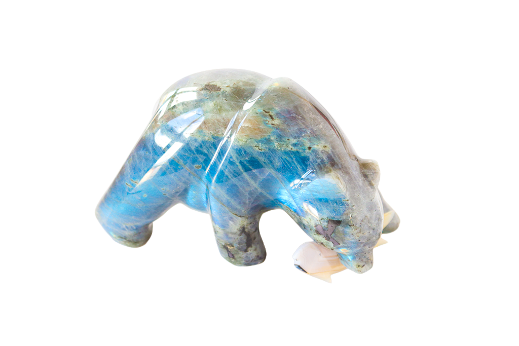Labradorite Natural Hand-carved Bear Eating Fish gemstones from Madagascar. Madagascar Minerals. Mineral Resources Madagascar