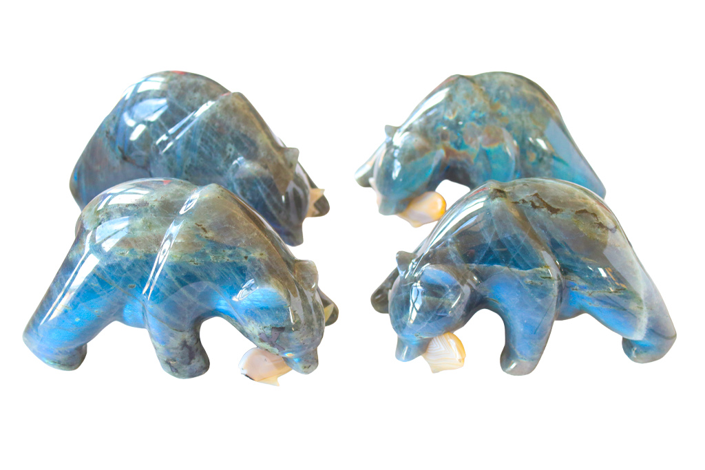 Labradorite Natural Hand-carved Bear Eating Fish gemstones from Madagascar. Madagascar Minerals. Mineral Resources Madagascar